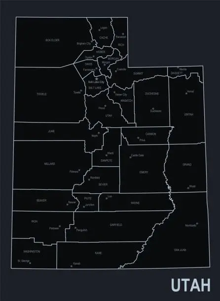 Vector illustration of Flat map of Utah state with cities against black background