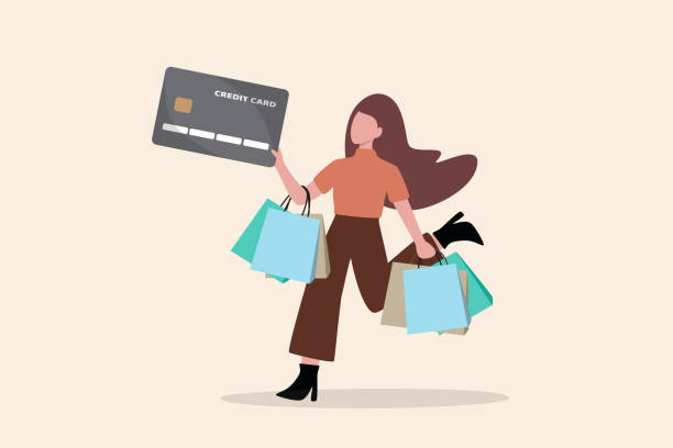 ilustraciones, imágenes clip art, dibujos animados e iconos de stock de el consumismo, el gasto excesivo o el adicto a las compras que causa deudas de tarjetas de crédito y pobreza, la adicción a las compras gasta más que sus ingresos, la joven feliz que sostiene bolsas de compras con pago con tarjeta de crédito. - adicto a las compras