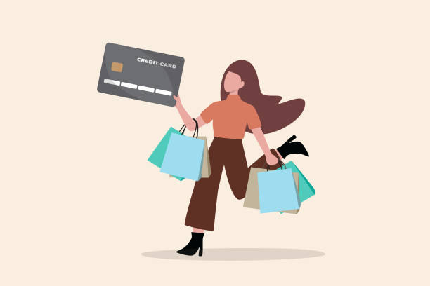 ilustrações de stock, clip art, desenhos animados e ícones de consumerism, overspending or shopaholic causing credit card debt and poverty, shopping addiction spend more than your income, happy young woman holding shopping bags with credit card payment checkout. - shopping e commerce internet credit card