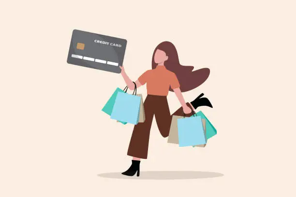 Vector illustration of Consumerism, overspending or shopaholic causing credit card debt and poverty, shopping addiction spend more than your income, happy young woman holding shopping bags with credit card payment checkout.