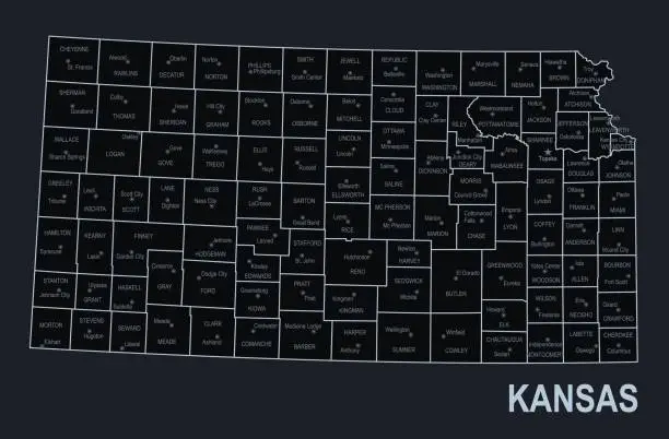 Vector illustration of Flat map of Kansas state with cities against black background