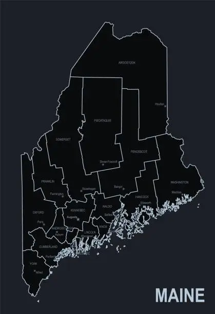 Vector illustration of Flat map of Maine state with cities against black background