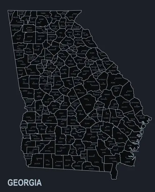 Vector illustration of Flat map of Georgia state with cities against black background