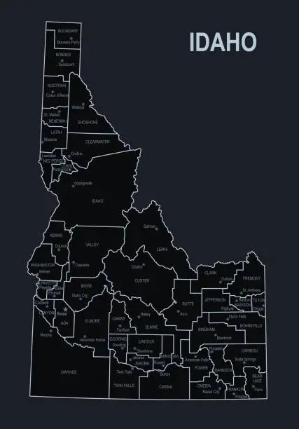 Vector illustration of Flat map of Idaho state with cities against black background