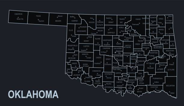 плоская карта штата оклахома с городами на черном фоне - cartography oklahoma map isolated stock illustrations