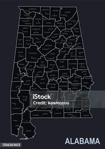 istock Flat map of Alabama state with cities against black background 1356361603