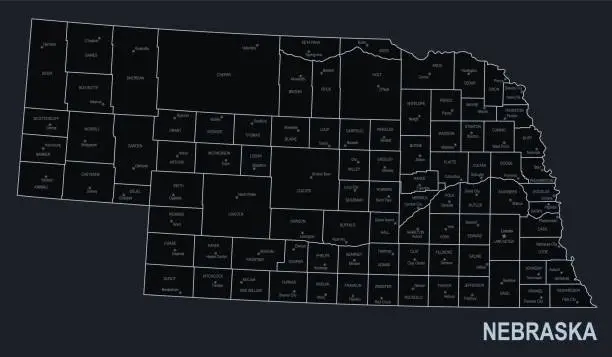 Vector illustration of Flat map of Nebraska state with cities against black background