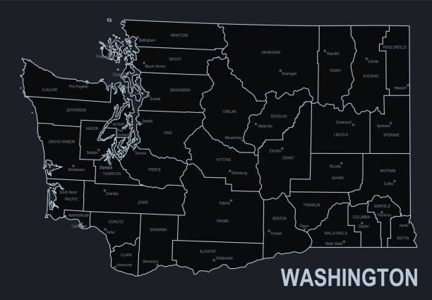 flache karte des bundesstaates washington mit städten vor schwarzem hintergrund - washington state state map outline stock-grafiken, -clipart, -cartoons und -symbole