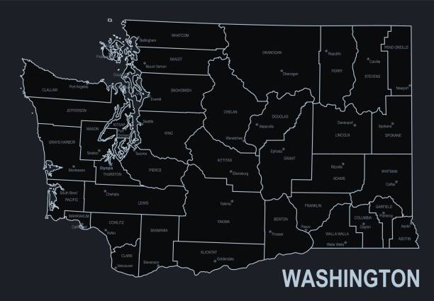 плоская карта штата вашингтон с городами на черном фоне - washington state state map outline stock illustrations