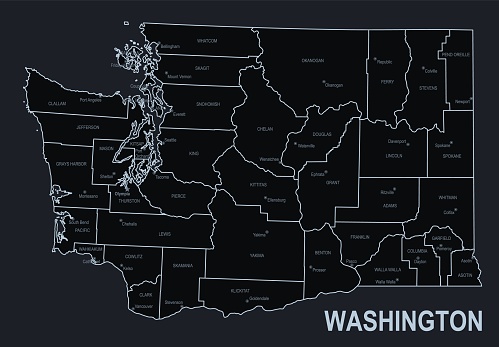 Flat map of Washington state with cities against black background.