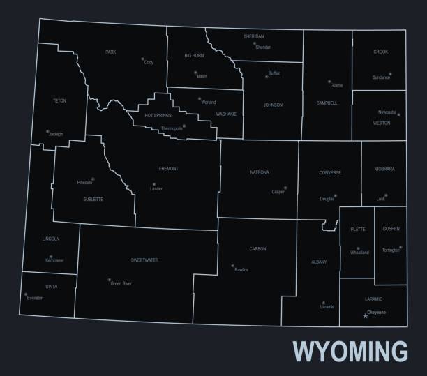 płaska mapa stanu wyoming z miastami na czarnym tle - wyoming map county counties stock illustrations