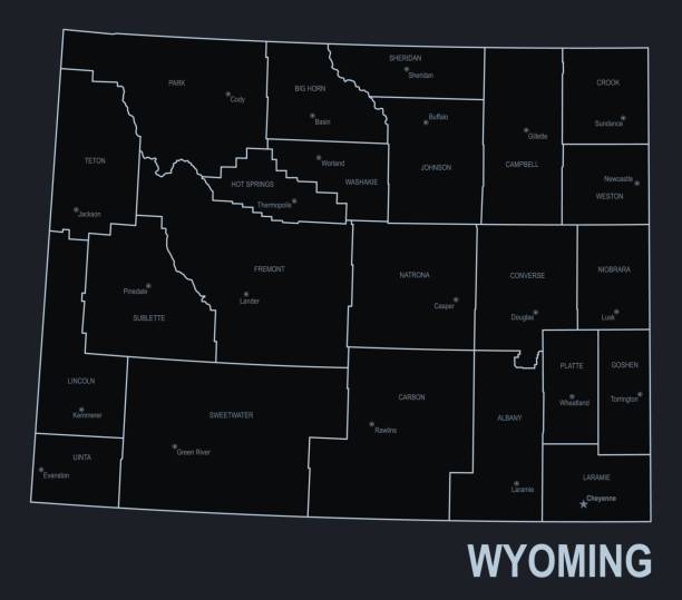 ilustrações de stock, clip art, desenhos animados e ícones de flat map of wyoming state with cities against black background - wyoming map county counties