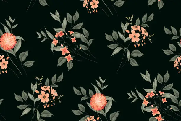 Vector illustration of Seamless pattern with delicate hand-drawn plants on a dark background. Floral arrangement in pastel colors. Romantic print with pink flowers, various twigs and leaves in bouquets. Vector.