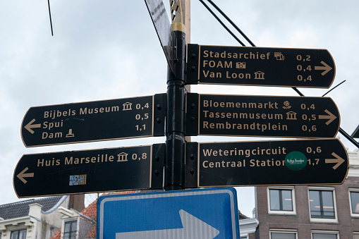 Tourist Direction Sign At Amsterdam The Netherlands 20-2-2020