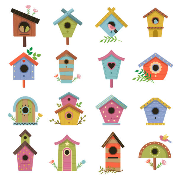 illustrazioni stock, clip art, cartoni animati e icone di tendenza di casetta per uccelli in legno. casette da giardino su rami soggiorno in legno per uccelli volanti recenti illustrazioni vettoriali - birdhouse animal nest house residential structure