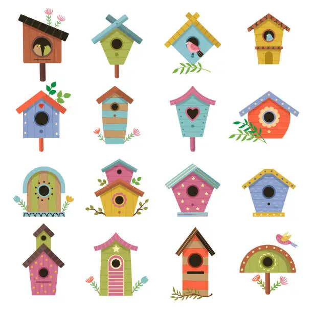 Vector illustration of Wooden birdhouse. Garden little houses on branches wooden living room for flying birds recent vector illustrations