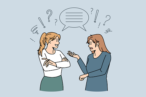Women communicate feel confused with multicultural misunderstanding. Female colleagues talk speak in group conversation. International chat concept. Flat vector illustration. Speech bubble.
