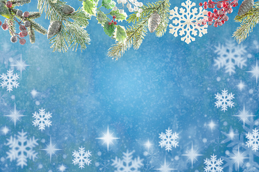 Christmas snowing background with top fir tree, snowflake, holly and blue sky background copy space with snow
