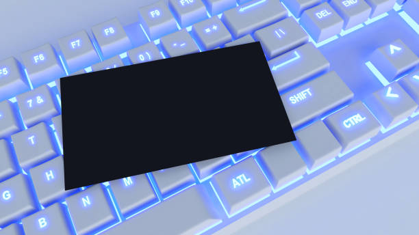 istock white mechanical keyboard, a black business card is displayed. Branding identity template. Isolated name card and business card mockup. 1356366002