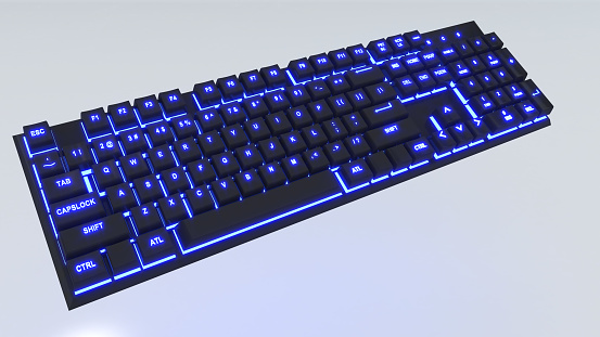 teclado mecánico negro sobre fondo blanco, luz de neón azul. photo