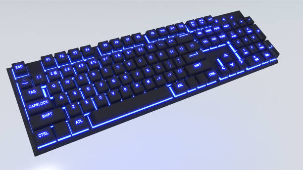 tastiera meccanica nera su sfondo bianco, luce al neon blu. - tastiera di macchina da scrivere foto e immagini stock