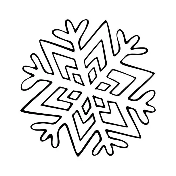 Vector illustration of Thin line doodle snowflake. Ice crystal hand drawn. Vector of frosty pattern. Winter snow ornament. Christmas illustration isolated on white background