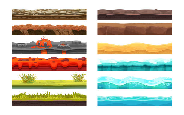 Asset texture different ground form layer set. Seamless landscape with stones, water, ice, snow vector art illustration