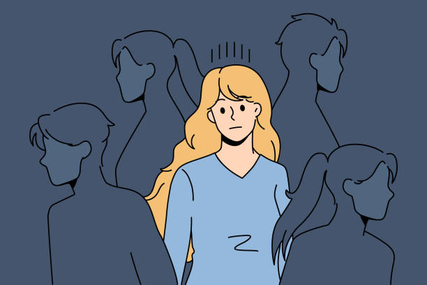 Sad woman feel lonely in crowd Sad young woman surrounded by people silhouettes feel lonely in society suffer from lack of communication. Upset girl struggle with loneliness and solitude in crowd. Outcast. Vector illustration. lonely stock illustrations