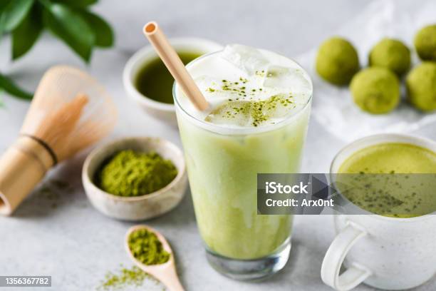 Delicious Vegan Matcha Ice Latte In Glass Stock Photo - Download Image Now - Matcha Tea, Latte, Ice Cube