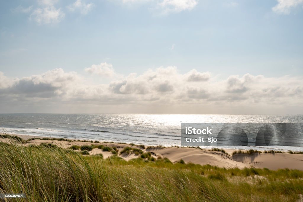Summer in the dunes with clouds drifting over the sea Summer in the dunes at the North Sea beach with clouds drifting over the sea in the blue sky in the background. Beach Stock Photo