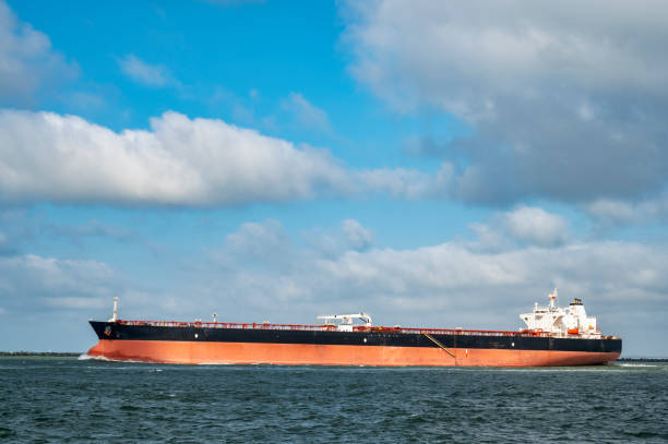 Crude oil tanker heading for open sea after leaving the port of Rotterdam in The Netherlands. The ship is a \