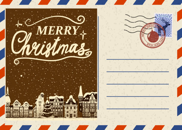 クリスマスとハッピーニューイヤー挨拶休日はがき、古い冬の都市のクリスマスヴィンテージの背景。ベクターイラスト招待カードレトロ - greeting card christmas envelope mail点のイラスト素材／クリップアート素材／マンガ素材／アイコン素材