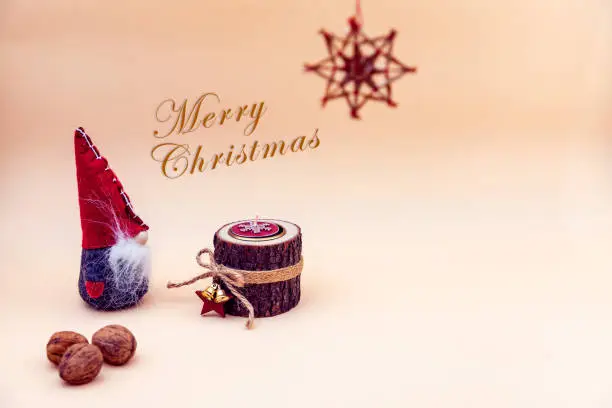 Greeting card with text Merry Christmas and colors red, brown, beige and white - Christmas wallpaper