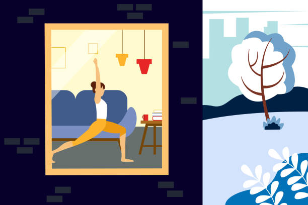 illustrazioni stock, clip art, cartoni animati e icone di tendenza di donna che fa yoga a casa. illustrazione di mezza casa e una strada. illustrazione invernale in stile piatto. - inhabit