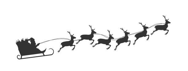 дед мороз в санях, запрянутый силуэтом северного оленя - sleigh stock illustrations