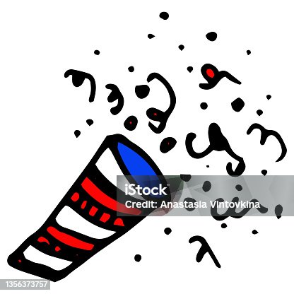 istock a firecracker in the colors of the American flag. hand-drawn doodle in the style of an isolated striped firecracker, with confetti of dots and spirals, with a pattern of white, red and blue stripes with a black outline on white isolated for a patriot 1356373757