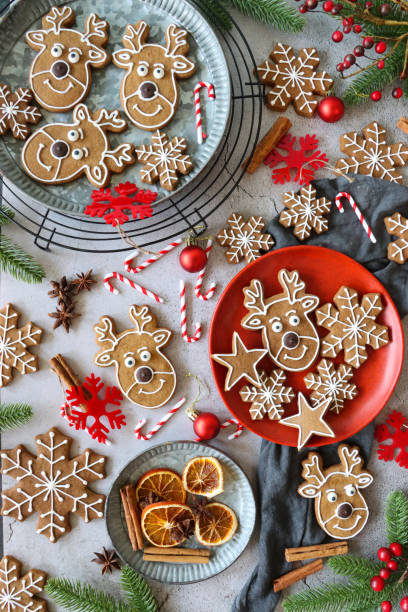 Image of plates of homemade, gingerbread reindeer, snowflake and star cookies decorated with white royal icing, grey muslin, candy canes, spruce needles and red berries, cinnamon sticks, star anise, grey background, elevated view stock photo
