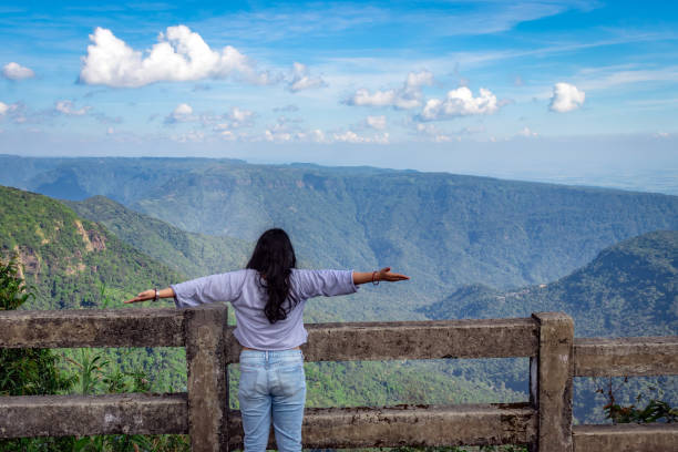 istock young girl enjoying the mountain range with bright blue sky at afternoon from flat angle 1356374486