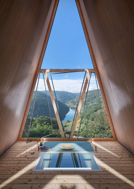 istock 3d render of a beautiful landscape view from a meditation cabin window 1356374637
