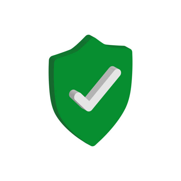 ilustraciones, imágenes clip art, dibujos animados e iconos de stock de marca de verificación blanca en el icono vectorial isométrico 3d del escudo verde - approved check mark ok green