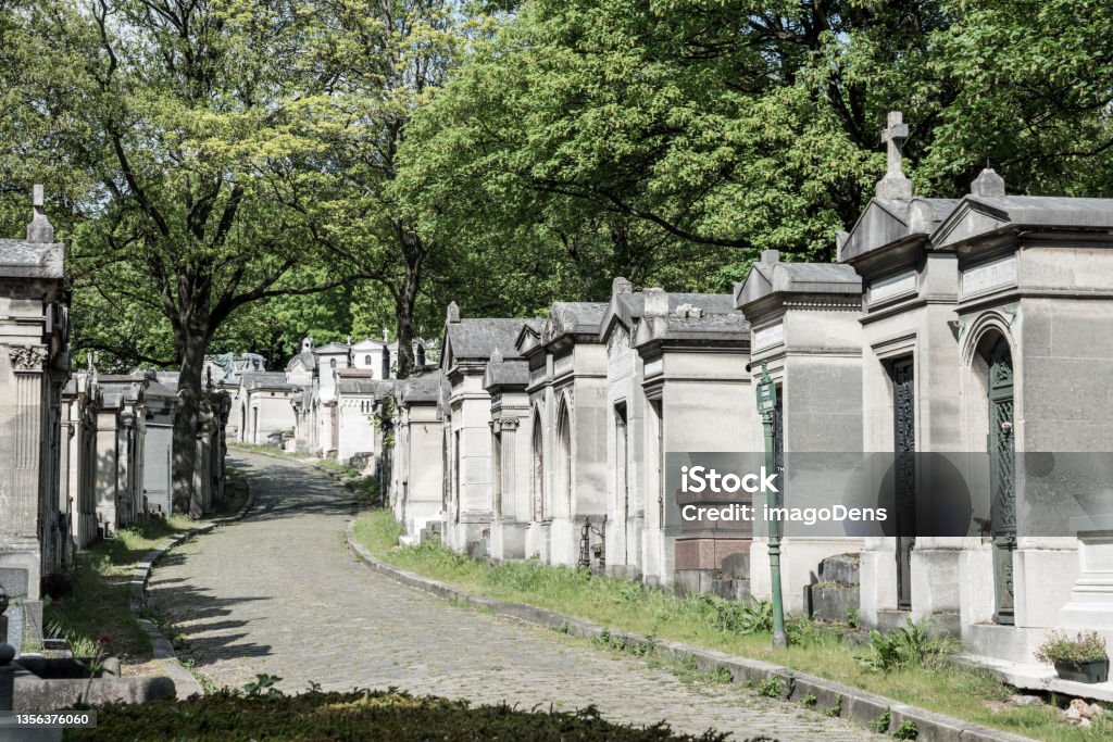 Peaceful way on the famous Parisian cemetery Pere Lachaise Peaceful way on the famous Parisian cemetery Pere Lachaise, France Mausoleum Stock Photo