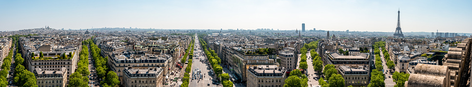 Panoramic View from Arc de Triomphe South East to Sacre Coeur, Louvre Palace and Tour Eiffel, Paris, France