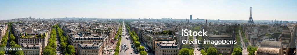 Panoramic View from Arc de Triomphe South East to Sacre Coeur, Louvre Palace and Tour Eiffel, Paris Panoramic View from Arc de Triomphe South East to Sacre Coeur, Louvre Palace and Tour Eiffel, Paris, France Paris - France Stock Photo