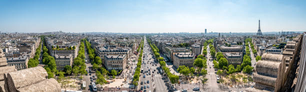 Panoramic View from Arc de Triomphe South East to Sacre Coeur, Louvre Palace and Tour Eiffel, Paris Panoramic View from Arc de Triomphe South East to Sacre Coeur, Louvre Palace and Tour Eiffel, Paris, France arc de triomphe paris photos stock pictures, royalty-free photos & images