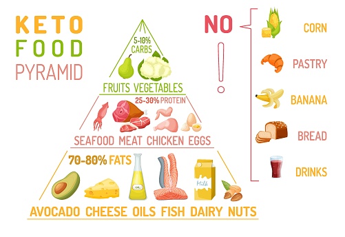 Low carbohydrate diet diagram. Medical pyramid infographics. Macronutrient ratio vertical poster. Fat loss concept. Colourful vector illustration isolated on a white background. Healthy eating banner