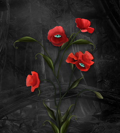Red poppies with an inquiring eye in the black forest - 3D render