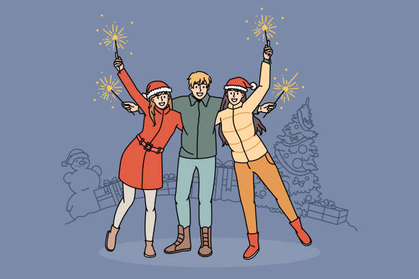 ilustrações de stock, clip art, desenhos animados e ícones de happy diverse friends celebrate new year outdoors - winter men joy leisure activity