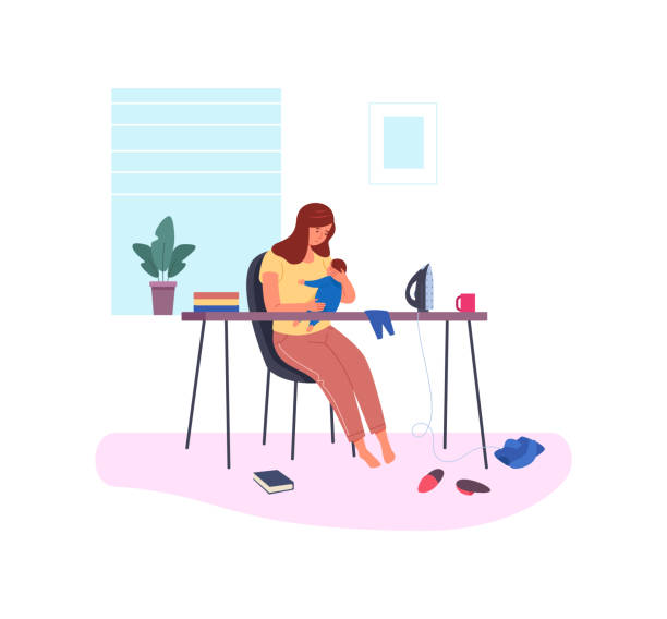 Postnatal depression. Postpartum anxiety, difficult parenting, vector illustration Postnatal depression. Postpartum anxiety, difficult parenting, vector illustration isolated on white background baby squatting stock illustrations