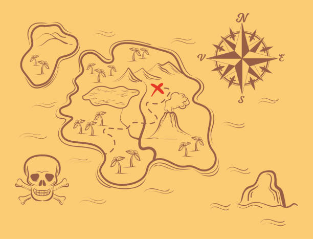 Pirate map background. Old medieval paper indicating treasure island Pirate map background. Old medieval paper indicating treasure island vector illustration pirate map stock illustrations
