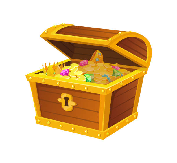 istock Opening treasures chest. Closing crate or wooden safe, mobile interface vector illustration 1356380046